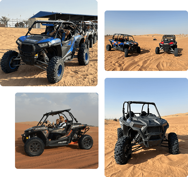 Four views of a four-wheel drive vehicle navigating the desert, showcasing a dune buggy rentals Dubai.