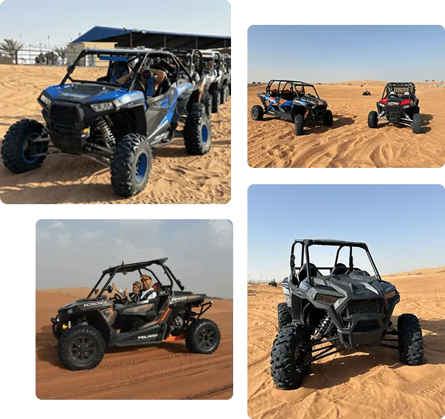 Four views of a four-wheel drive vehicle navigating the desert, showcasing a dune buggy rentals Dubai.